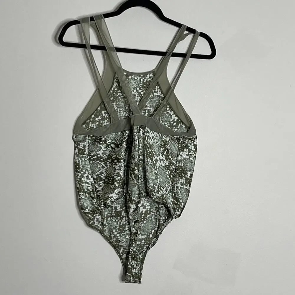 Free People Moss Green Nights Out Snakeskin Print Bodysuit Size XS